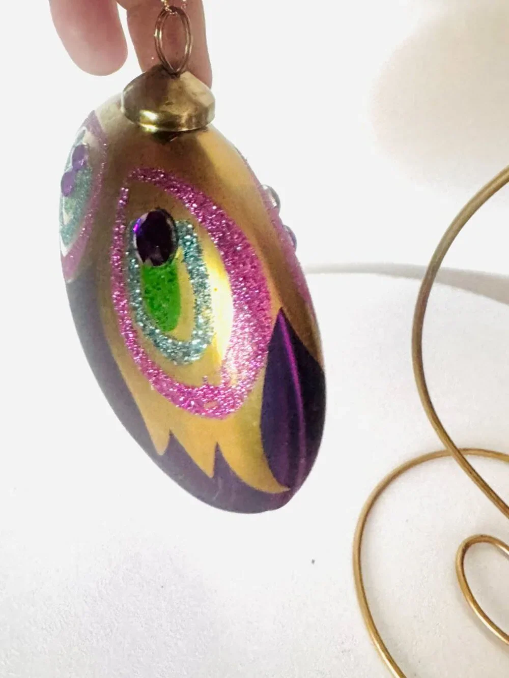 5 Peacock Feather Christmas Tree Ornaments Purple Teal Gold Glittered Gemstone